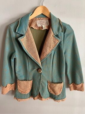 Nick & Mo Teal Crochet Lace Blazer Jacket Small Y2K Boho Artsy Cottagecore